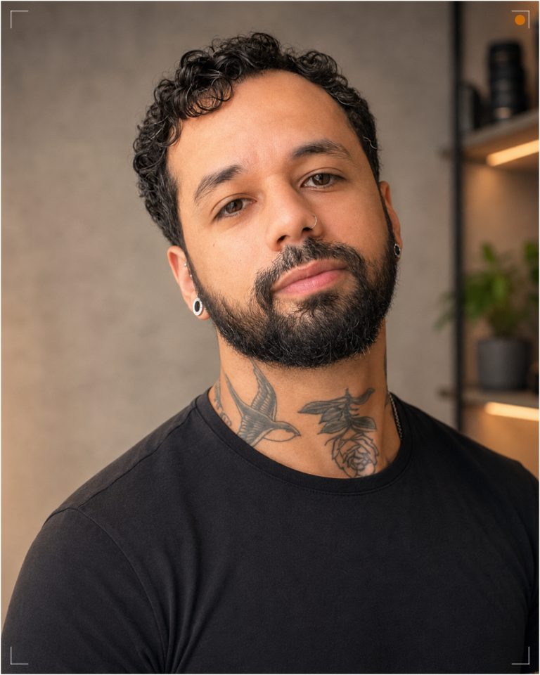 Portrait of Patric Teixeira: man with curly hair, a beard and neck tattoos, in a black t-shirt, in front of a shelf of camera lenses.
